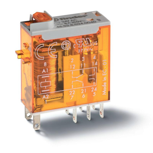 Реле миниатюрное промышленное электромеханич. монтаж в розетку или наконечники Faston (2.5х0.5мм) 2CO 8А AgNi 24В DC влагозащ. RTII опции: кнопка тест + мех. индикатор + диод + LED(DC неполяризов.) FINDER 465290240074