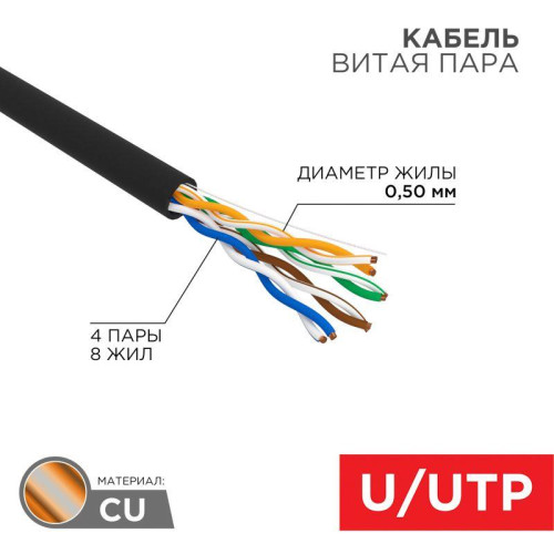 Кабель витая пара U/UTP кат.5E 4х2х24AWG solid CU PE Outdoor черн. (м) Rexant 01-0045