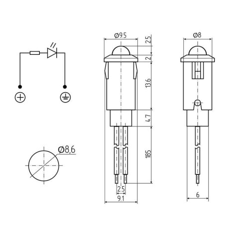 Индикатор малый d8 12В с проводом желт. LED (WL-04) Rexant 36-4713