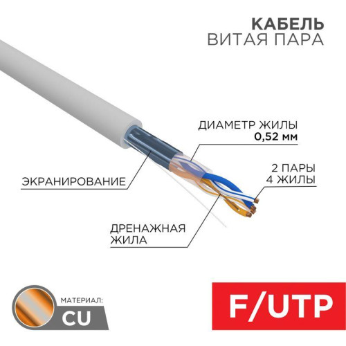 Кабель витая пара F/UTP CAT 5E ZH нг(А)-HF 2х2х0.52мм 24AWG INDOOR SOLID сер. (305м) PRO Rexant 02-0022