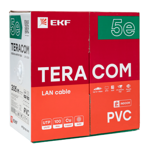 Кабель витая пара U/UTP кат.5E 4 пары solid PVC сер. TERACOM EKF TRC-5EUTP-04PVC-GY-IN3