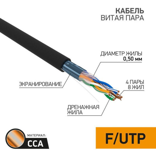 Кабель витая пара F/UTP кат.5E 4х2х24AWG омедненный алюм. OUTDOOR черн. (уп.305м) PROCONNECT 01-0146-3