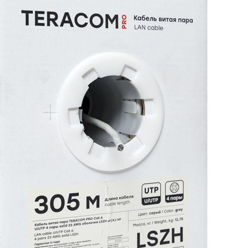 Кабель витая пара U/UTP кат.6 4 пары 23 AWG solid LSZH нг(А)-HF сер. (уп.305м) TERACOM PRO EKF TRP-6UTP-04LSH-GY-IN3