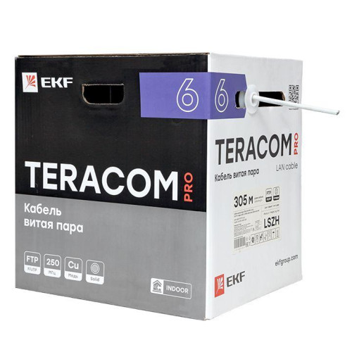 Кабель витая пара F/UTP кат.6 4 пары solid 23AWG оболочка LSZH нг(А)-HF TERACOM PRO сер. (уп.305м) EKF TRP-6FTP-04LSH-GY-IN3