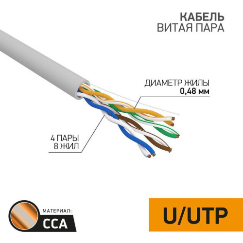 Кабель витая пара U/UTP кат.5E 4х2х24AWG омедненный алюм. сер. (уп.305м) LIGHT PROCONNECT 01-0043-2