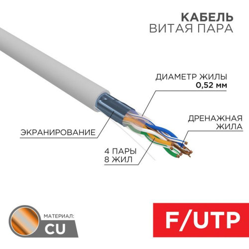 Кабель витая пара F/UTP CAT 5E ZH нг(А)-HF 4х2х0.52мм 24AWG INDOOR SOLID сер. (305м) PRO Rexant 02-0021