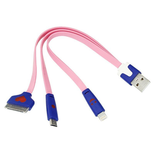 Кабель USB Lightning/30pin/micro USB/PVC/flat/pink/0.15m 3 в 1 Rexant 18-4251