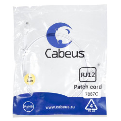 Патч-корд телефонный 2х6р4с PVC 1м бел. Cabeus 7887c