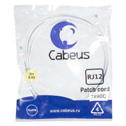 Патч-корд телефонный 2х6р4с PVC 3м бел. Cabeus 7890c