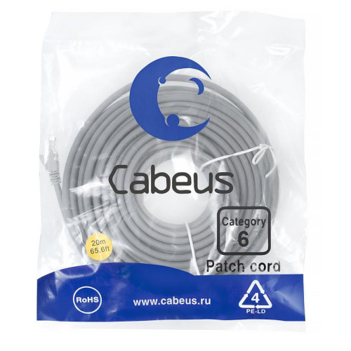 Патч-корд U/UTP кат.6 2xRJ45/8p8c неэкранир. PVC 20м сер. Cabeus 8791c