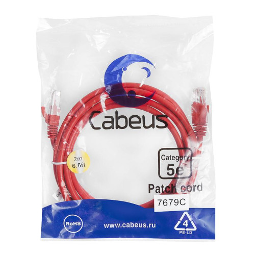 Патч-корд U/UTP кат.5E 2xRJ45/8p8c неэкранир. PVC 2м красн. Cabeus 7679c