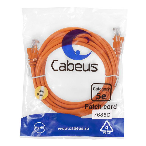 Патч-корд U/UTP кат.5E 2xRJ45/8p8c неэкранир. PVC 3м оранж. Cabeus 7685c