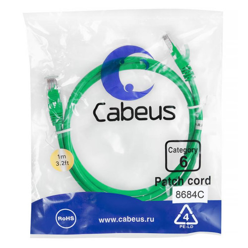 Патч-корд U/UTP кат.6 2xRJ45/8p8c неэкранир. PVC 1м зел. Cabeus 8684c