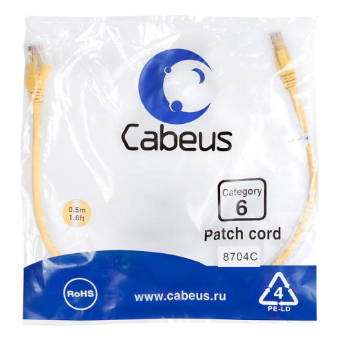 Патч-корд U/UTP кат.6 2xRJ45/8p8c неэкранир. PVC 0.5м желт. Cabeus 8704c