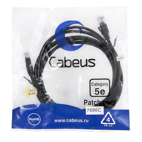 Патч-корд U/UTP кат.5E 2xRJ45/8p8c неэкранир. PVC 3м черн. Cabeus 7686c