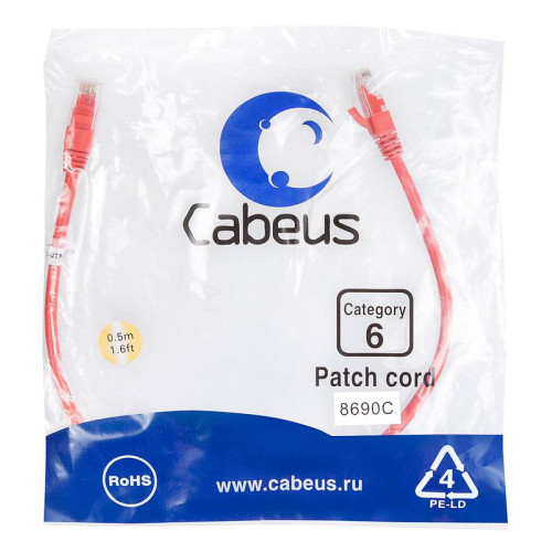 Патч-корд U/UTP кат.6 2xRJ45/8p8c неэкранир. PVC 0.5м красн. Cabeus 8690c