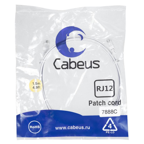 Патч-корд телефонный 2х6р4с PVC 1.5м бел. Cabeus 7888c