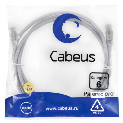 Патч-корд U/UTP кат.6 2xRJ45/8p8c неэкранир. LSZH 2м сер. Cabeus 8879c