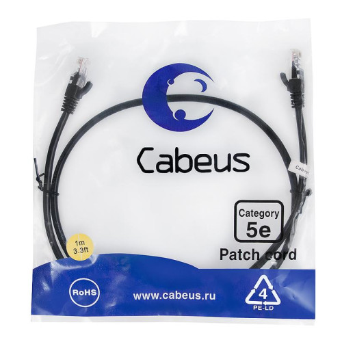 Патч-корд U/UTP кат.5E 2xRJ45/8p8c неэкранир. PVC 1м черн. Cabeus 7676c