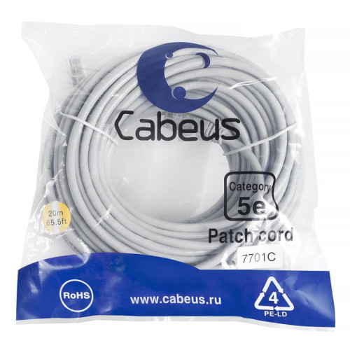 Патч-корд U/UTP кат.5E 2xRJ45/8p8c неэкранир. PVC 20м сер. Cabeus 7701c