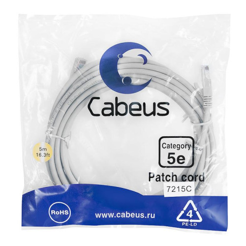 Патч-корд U/UTP кат.5E 2xRJ45/8p8c неэкранир. PVC 5м сер. Cabeus 7215c