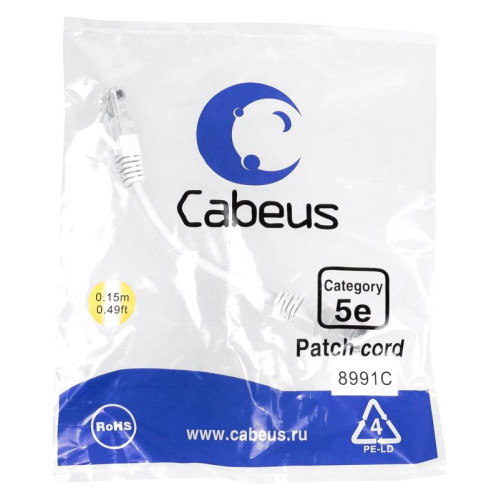 Патч-корд U/UTP кат.5E 2xRJ45/8p8c неэкранир. PVC 0.15м бел.. бел. Cabeus 8991c