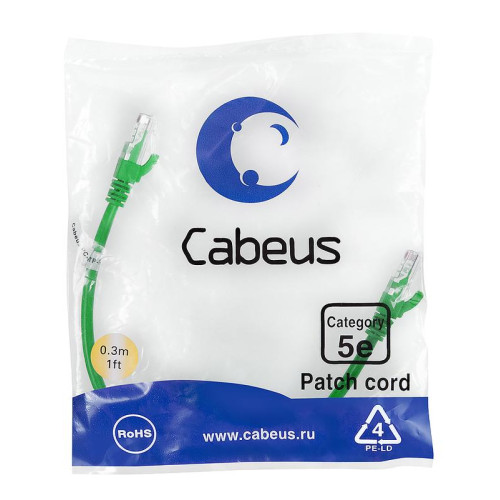 Патч-корд U/UTP кат.5E 2xRJ45/8p8c неэкранир. PVC 0.3м зел. Cabeus 7659c