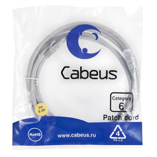 Патч-корд U/UTP кат.6 2xRJ45/8p8c неэкранир. PVC 3м сер. Cabeus 7269c