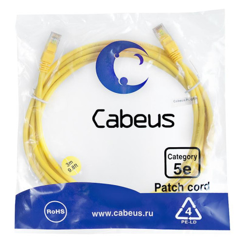 Патч-корд кат.5E U/UTP неэкранир. 2хRJ45/8p8c LSZH PC-UTP-RJ45-Cat.5e-3m-YL-LSZH 3м желт. Cabeus 9500c