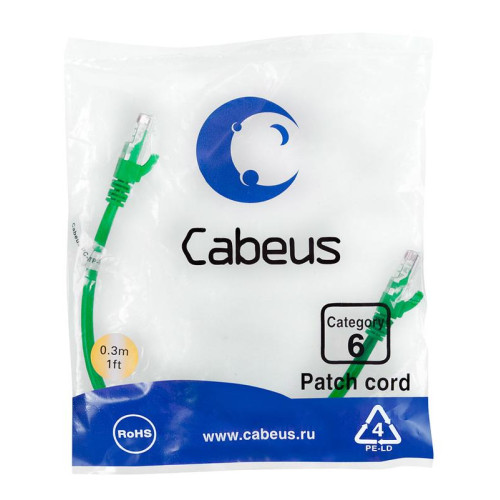 Патч-корд U/UTP кат.6 2xRJ45/8p8c неэкранир. PVC 0.3м зел. Cabeus 8682c