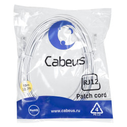 Патч-корд телефонный 2х6р4с PVC 10м бел. Cabeus 7892c