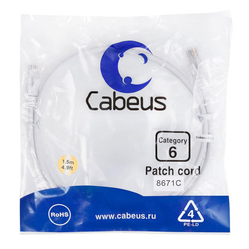 Патч-корд U/UTP кат.6 2xRJ45/8p8c неэкранир. PVC 1.5м бел. Cabeus 8671c