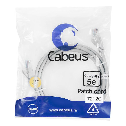 Патч-корд U/UTP кат.5E 2xRJ45/8p8c неэкранир. PVC 1.5м сер. Cabeus 7212c