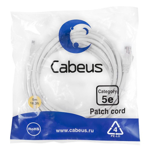 Патч-корд U/UTP кат.5E 2xRJ45/8p8c неэкранир. PVC 5м бел.. бел. Cabeus 7687c