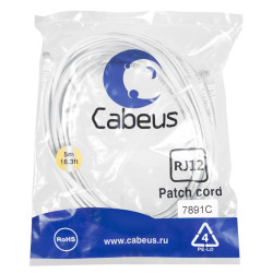 Патч-корд телефонный 2х6р4с PVC 5м бел. Cabeus 7891c