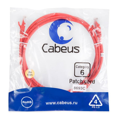 Патч-корд U/UTP кат.6 2xRJ45/8p8c неэкранир. PVC 2м красн. Cabeus 8693c