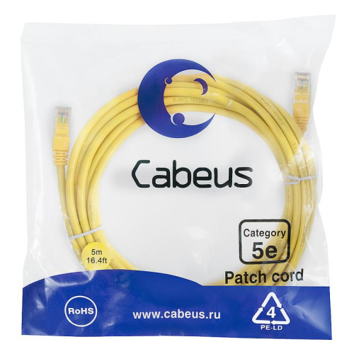 Патч-корд U/UTP кат.5E 2xRJ45/8p8c неэкранир. PVC 5м желт. Cabeus 7688c