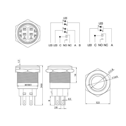 Кнопка антивандальная d19 12В Фикс (5с) ON-OFF/OFF-ON подсв/красн. Rexant 36-3420