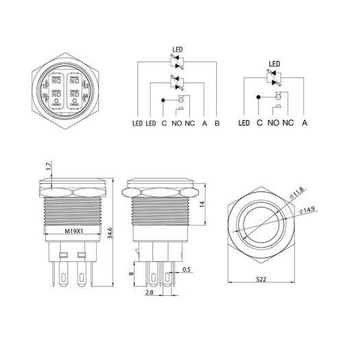 Кнопка антивандальная d19 12В Фикс (5с) ON-OFF/OFF-ON подсв/син. Rexant 36-3421