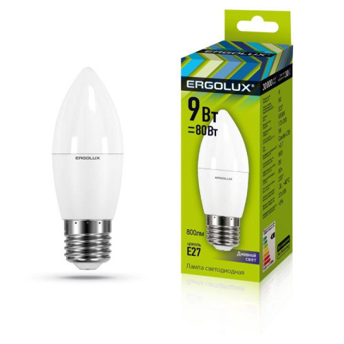 Лампа светодиодная LED-C35-9W-E27-6К Свеча 9Вт E27 6500К 172-265В Ergolux 13172