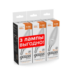 Лампа светодиодная Basic 5.5Вт свеча 3000К E14 400лм (уп.3шт) GAUSS 1033116K