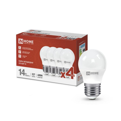 Лампа светодиодная LED-ШАР-VC 4PACK 14Вт шар 4000К нейтр. бел. E27 1330лм 230В (уп.4шт) IN HOME 4690612052366