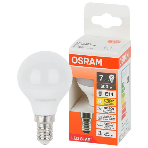 Лампа светодиодная LED Star 7Вт шар 2700К E14 600лм (замена 60Вт) OSRAM 4058075695924