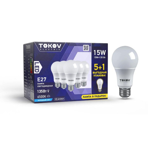 Набор ПРОМО лампа светодиодная 15Вт А60 6500К Е27 176-264В (Promo 5+1 шт) TOKOV ELECTRIC Promo-A60-E27-15-6.5K