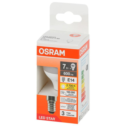 Лампа светодиодная LED Star 7Вт шар 2700К E14 600лм (замена 60Вт) OSRAM 4058075695924