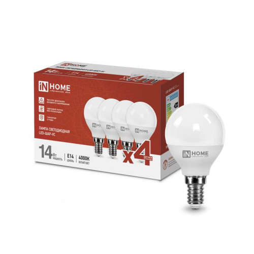 Лампа светодиодная LED-ШАР-VC 4PACК 14Вт 230В E14 4000К 1330лм (уп.4шт) IN HOME 4690612052359