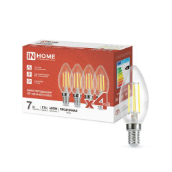 Лампа светодиодная филаментная LED-СВЕЧА-deco 4PACK 7Вт свеча прозрачная 4000К нейтр. бел. E14 810лм 230В (уп.4шт) IN HOME 4690612053448