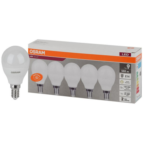 Лампа светодиодная LED Value LVCLP60 7SW/830 7Вт шар матовая E14 230В 2х5 RU (уп.5шт) OSRAM 4058075578104