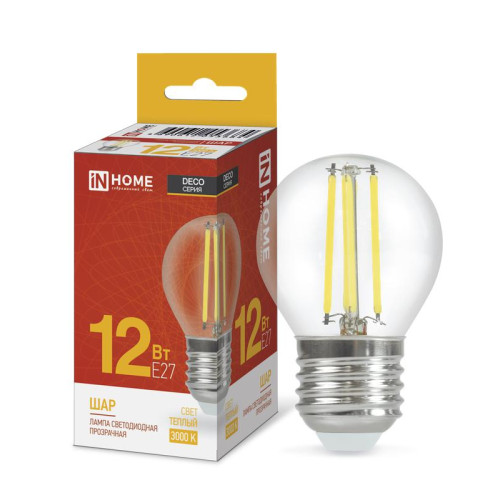 Лампа светодиодная LED-ШАР-deco 12Вт 230В E27 3000К 1350лм прозрачная IN HOME 4690612053684