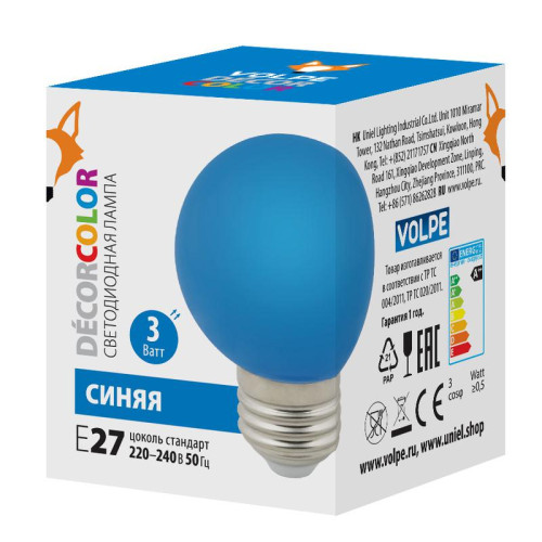 Лампа декоративная светодиод. LED-G60-3W/BLUE/E27/FR/С Шармат упак. картон син. Volpe UL-00006957